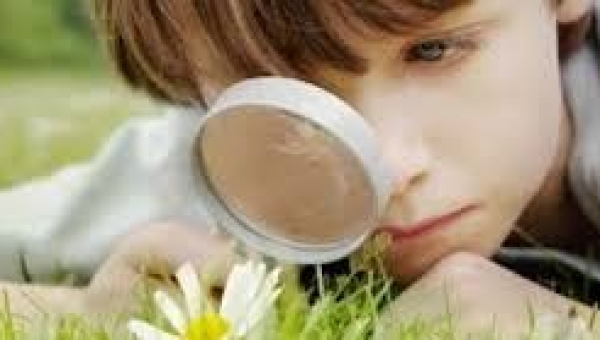 Child looking for something with magnifying glass
